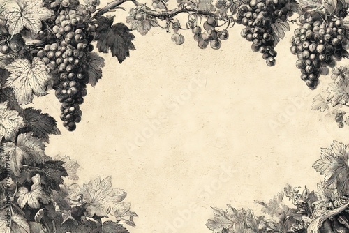 Ornate Engraved Frame with Grape Bunches on Antique Paper Background