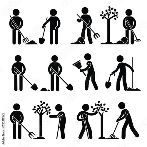 Man digs, plants, and rakes in an informative black icon set