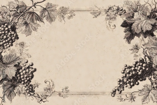 Detailed Antique Engraving of Grapevines Framing a Blank Space