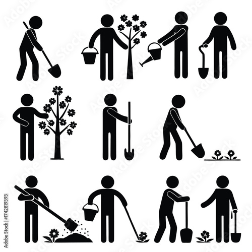 Black silhouettes are planting flowers and trees with gardening tools on white background