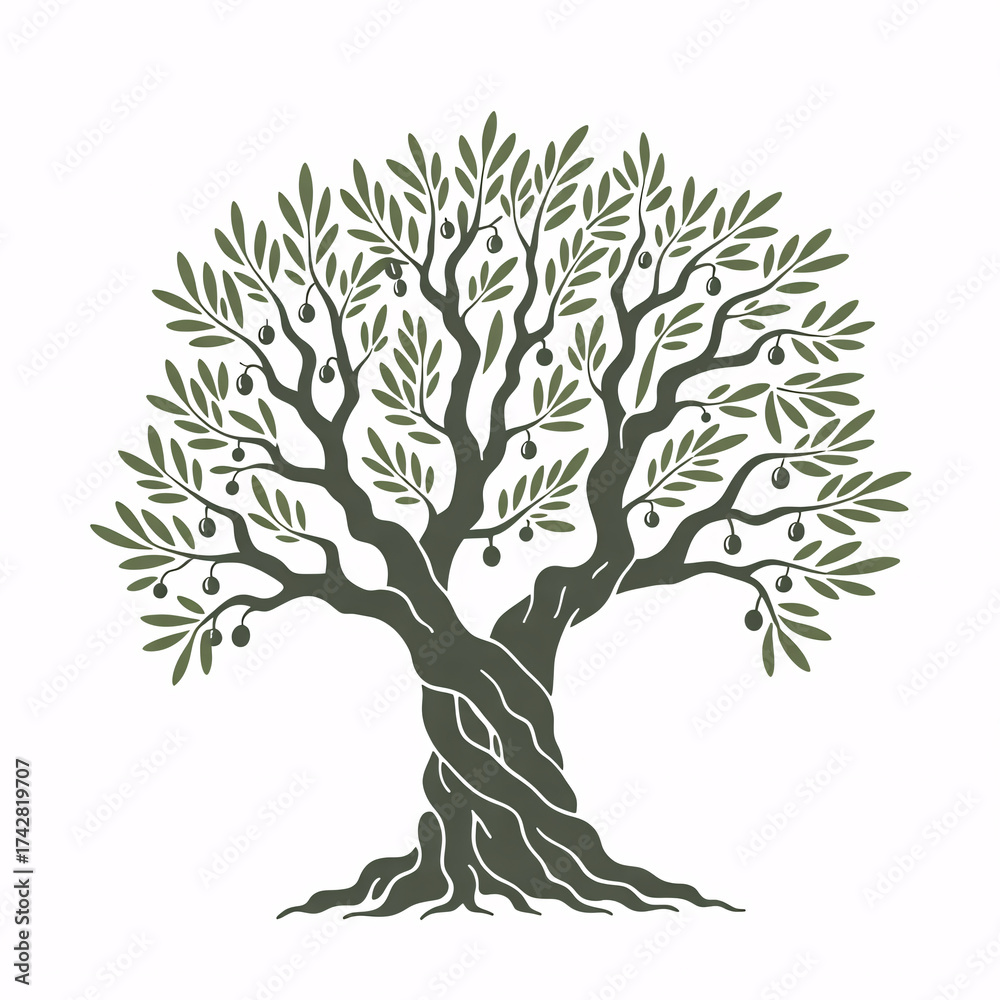 Naklejka premium Vibrant ancient olive tree with ripe olives, symbolizing nature's bounty and Mediterranean heritage, perfect for wellness brands.