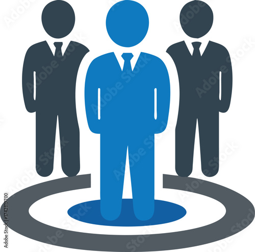 Blue businessman leads two colleagues on a target platform, achieving business success through collaboration
