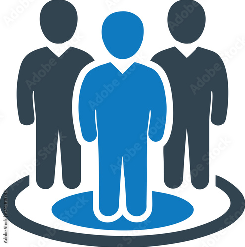 Stylized blue person stands out, surrounded by two team members in dark gray clothing