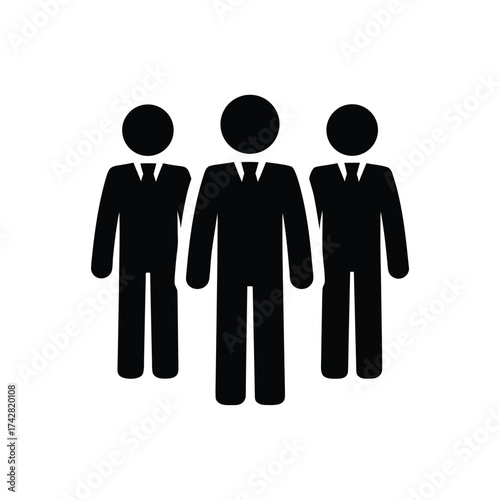 Three faceless figures stand together wearing suits and ties in a solid monochrome tone