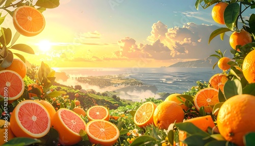 Panoramic view of orange orchard with coastal scenery and bright sunlight