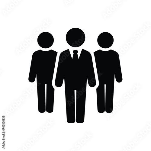 Black icon showing team people standing wearing a tie and suit over white