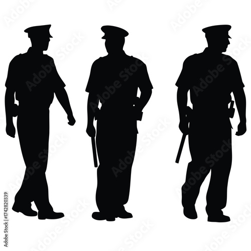 Three silhouette policemen patrol, each holding a baton, symbolizing security and authority