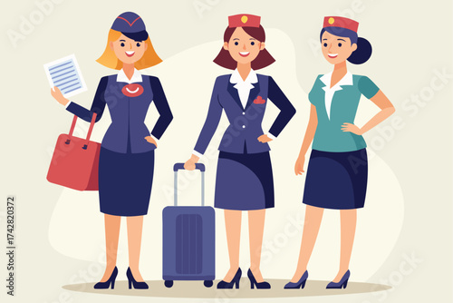 Three air stewardesses in uniform stand smiling, one holding paperwork and a red bag