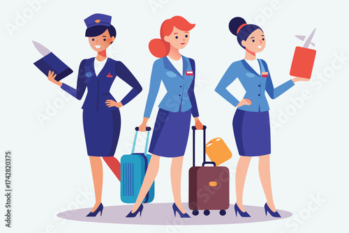 Three diverse flight attendants in uniforms are holding luggage and documents on white background