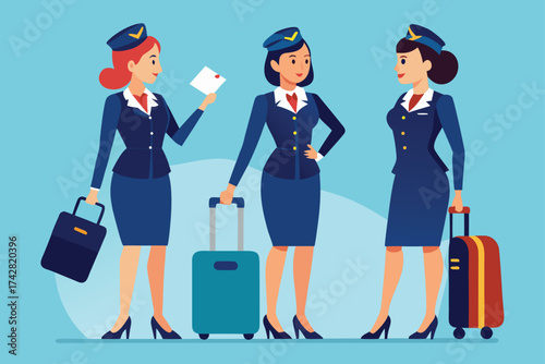 Three smiling air hostess standing, wearing uniforms and carrying suitcases, showcasing professionalism and readiness