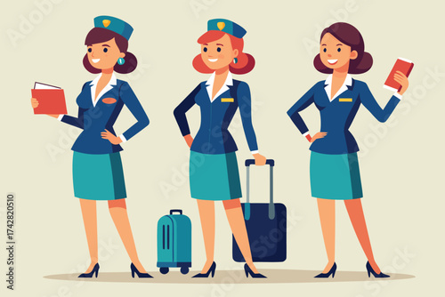 Three confident stewardesses with luggage stand showcasing their uniforms against a clean background