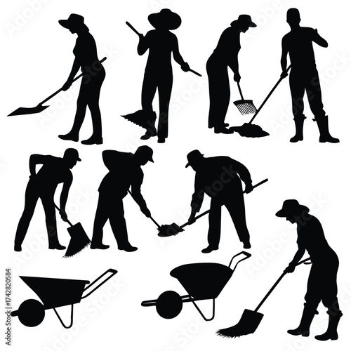 Silhouette images reveal diverse group of people using gardening tools and wheelbarrows outdoors