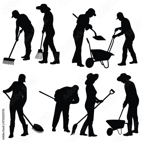 Silhouetted people wearing hats are performing garden work with rakes, shovels and wheelbarrows