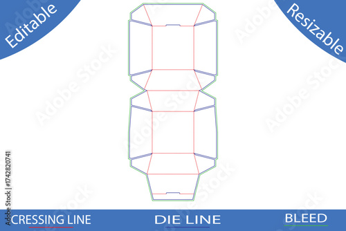 Two-part box template die cut with folding and cutting lines