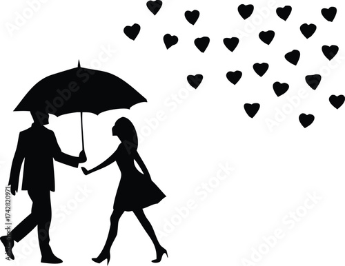 Silhouette of a couple walking in heart rain under an umbrella vector illustration for love and romance concepts isolated on white