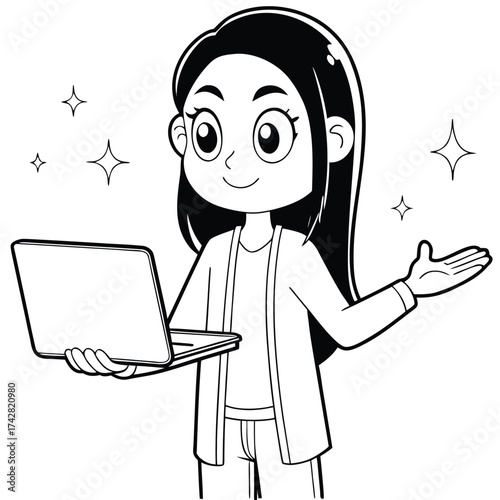 Smiling young woman in outline style holds laptop presenting her work happily near stars