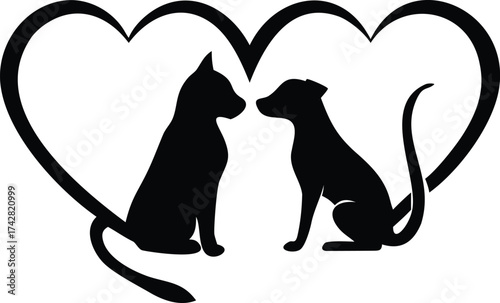 Silhouette of a cat and dog in a heart shape vector illustration for pet adoption and animal rescue isolated on white background