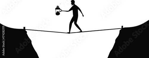 Silhouette of a man balancing on a rope bridge holding a lantern representing risk challenge and guidance