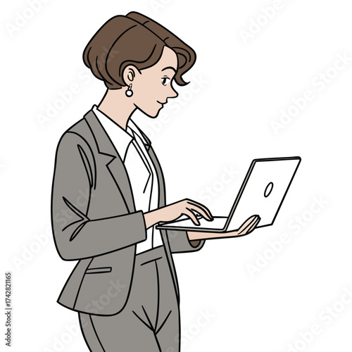 Professional businesswoman with laptop inputs information in gray suit and white background
