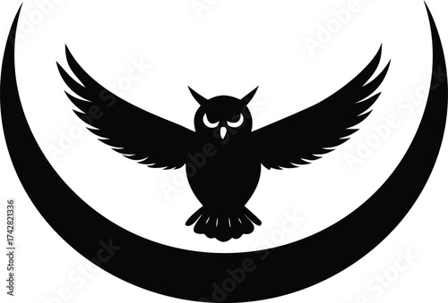Stylized owl with outstretched wings perched on a crescent moon vector illustration for logo design isolated on white background