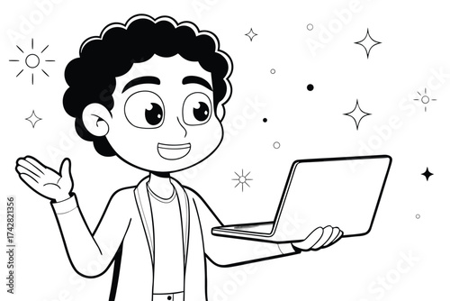 Smiling line art person presents a laptop with stars and circles surrounding them
