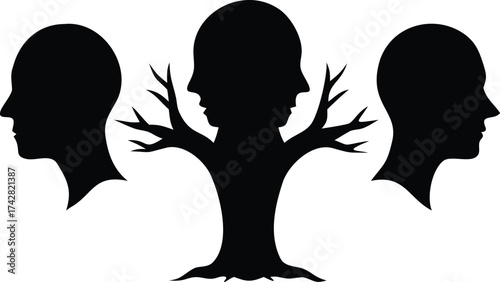 Silhouette of a tree with human faces conceptual vector illustration representing growth psychology and the human mind isolated on white
