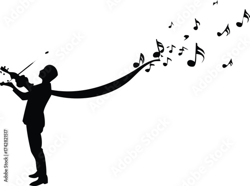 Silhouette of a violinist playing music vector illustration with musical notes flowing isolated on white background