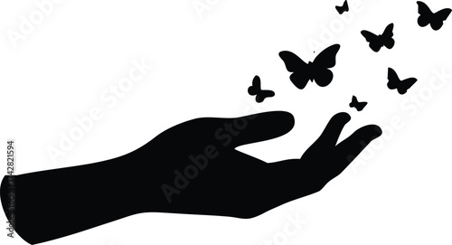 Hand releasing butterflies silhouette vector illustration for freedom and nature concepts isolated on white background