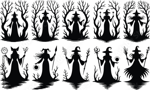 Collection of silhouetted witches and spooky trees for halloween
