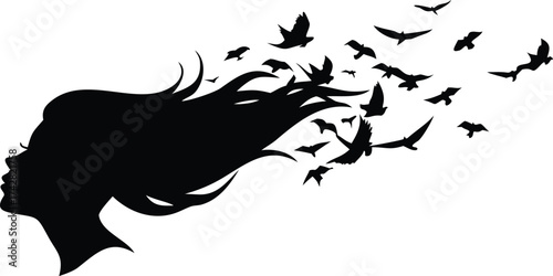 Silhouette of a womans head with hair transforming into birds vector illustration for freedom and transformation concepts isolated on white background