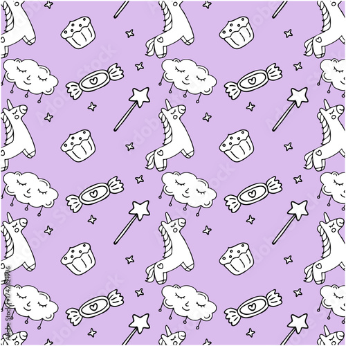 Seamless pattern, children's drawing, kids, cartoon, children's pattern, candy, magic wand, muffin, cloud, heart, bow