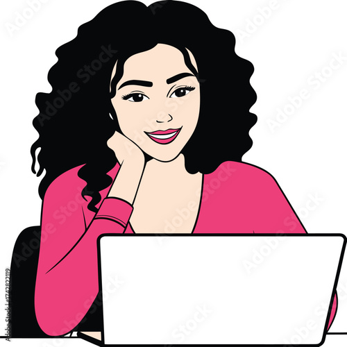 Smiling Latina with curly black hair poses with a white laptop device