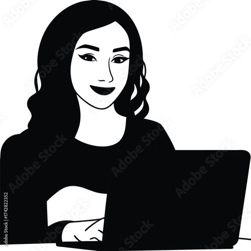 Smiling woman with dark curly hair operates her laptop in this monochrome sketch