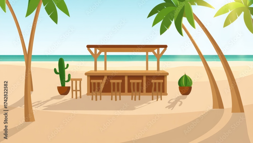 Obraz premium Beachside market bar with wooden counters under tropical shade