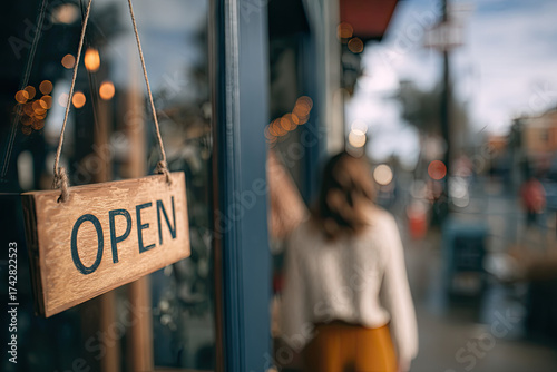 Small business owner behind vintage OPEN sign in storefront window, warm bokeh lights, local shop welcome, Small Business Saturday concept, copy-friendly