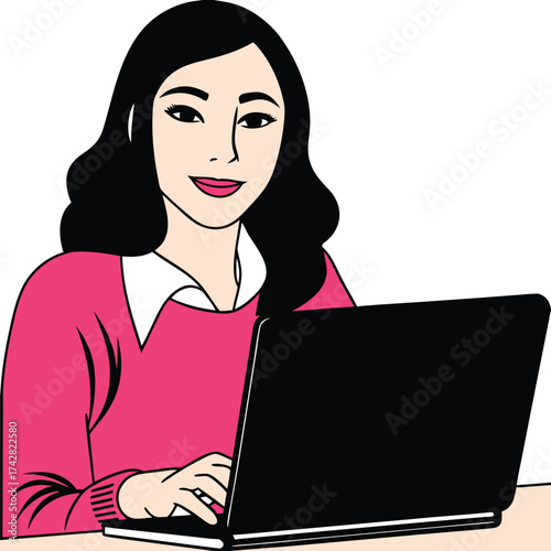 Smiling Asian woman types on her black laptop while wearing a pink sweater