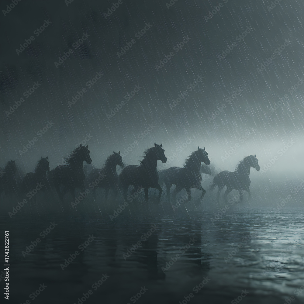 Fototapeta premium A herd of horses in a photo that feels like a dark photo