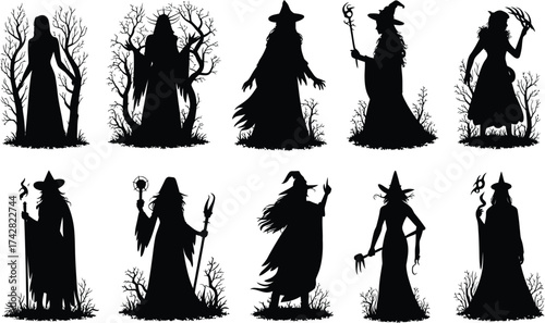 Collection of silhouette witch figures with mystical trees and spooky atmosphere