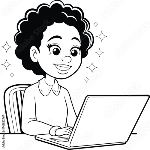 Smiling black haired woman working on her laptop emits sparkling energy icons near her