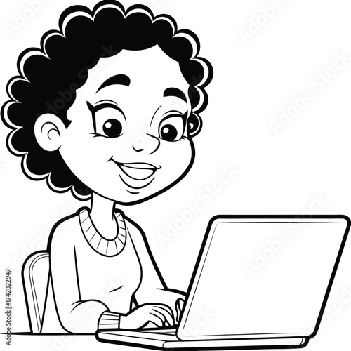 Outlined AfricanAmerican girl smiling while using a computer on a desk is seen
