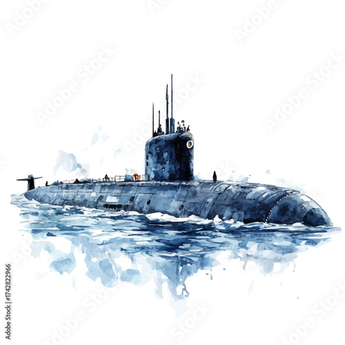 Submarine, watercolor drawing vector, isolated on a white background.