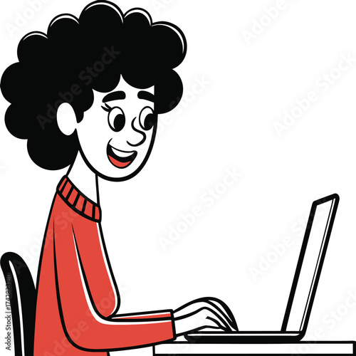Smiling girl with curly hair in red sweater is using a laptop