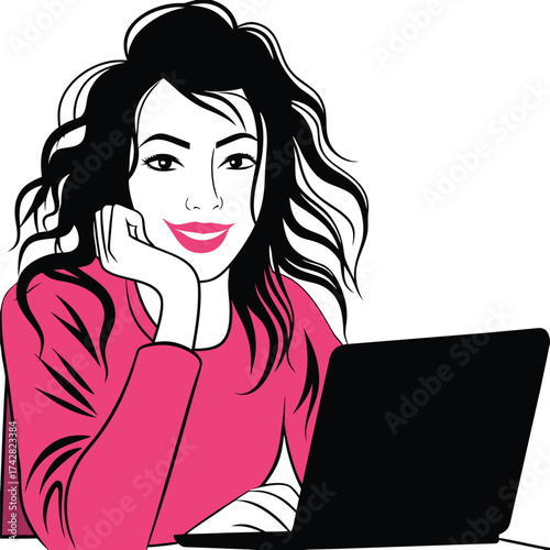Smiling brunette woman with black hair rests her face on her hand near a laptop