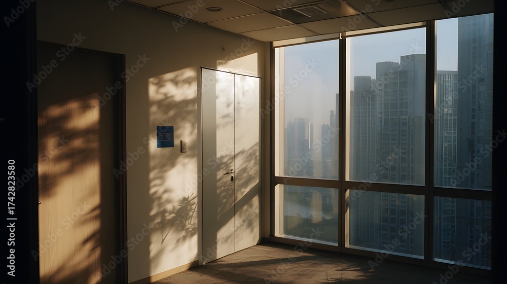 Fototapeta premium A serene office space with sunlight casting shadows through large windows, creating a calm atmosphere.