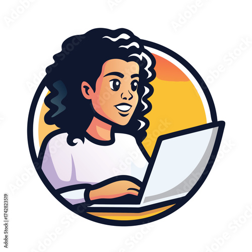 Smiling woman with curly hair is using a laptop within a stylized frame