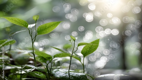 Lush green leaves glisten after rain, surrounded by soft, dreamy bokeh, creating a tranquil and refreshing nature scene.