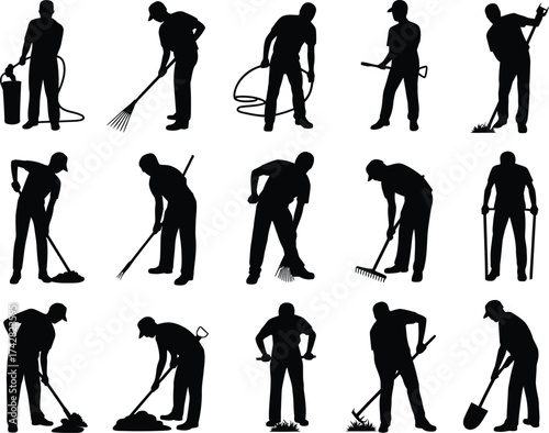 Collection of silhouettes of people gardening and performing outdoor tasks