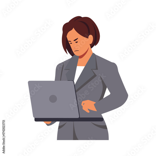 Upset woman frowning looks at laptop while wearing grey business jacket with short hair
