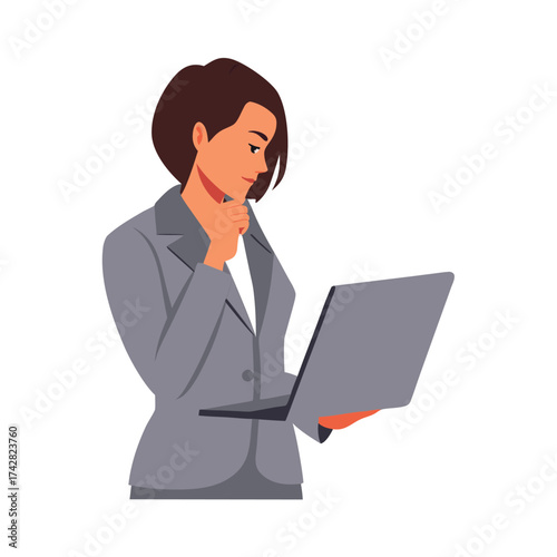Thoughtful business woman contemplates while holding a laptop with focus and professional concern