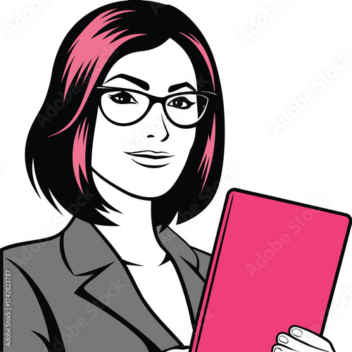 Smiling woman with spectacles holding a pink folder poses in an outlined illustration